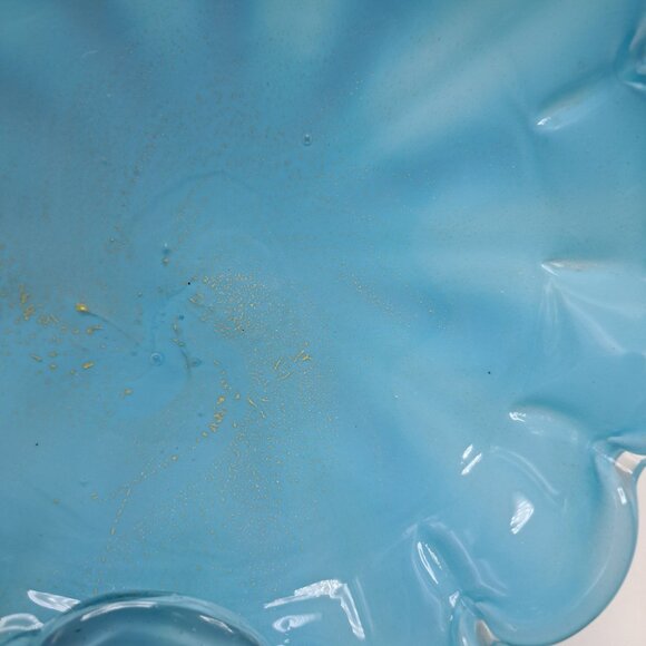 Vintage Blue Murano Glass Scalloped Decorative Bowl With Gold Accents - Picture 9 of 15